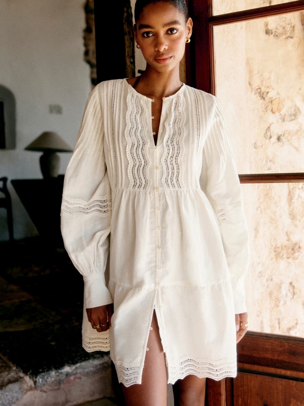 Sézane Honorina Dress Ivory Button-Front Lace Trim Dress